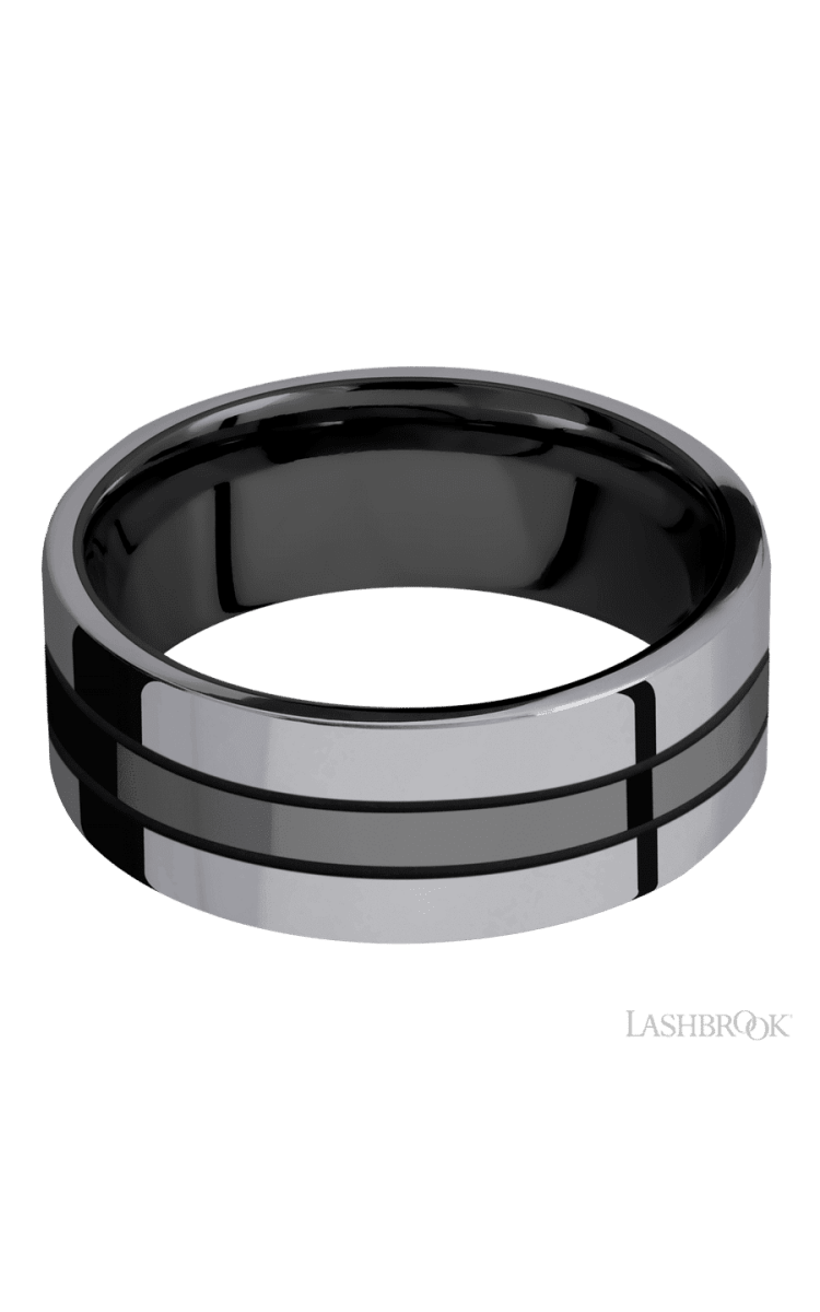 8 mm wide/Flat/Zirconium band with two 3 mm Double Off Center Edge inlays of Tantalum. - Diamonds By Rothschild