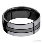 8 mm wide/Flat/Zirconium band with two 3 mm Double Off Center Edge inlays of Tantalum. - Diamonds By Rothschild