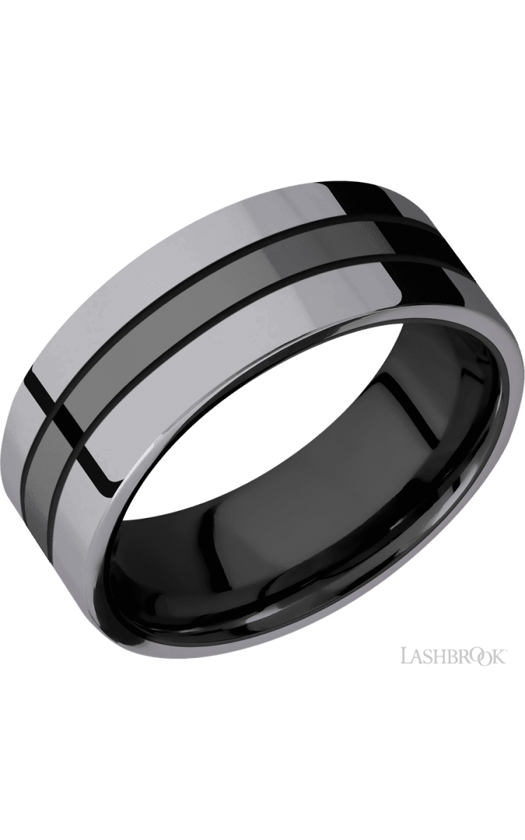 8 mm wide/Flat/Zirconium band with two 3 mm Double Off Center Edge inlays of Tantalum. - Diamonds By Rothschild