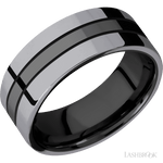 8 mm wide/Flat/Zirconium band with two 3 mm Double Off Center Edge inlays of Tantalum. - Diamonds By Rothschild