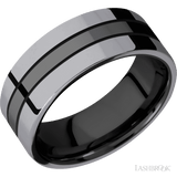 8 mm wide/Flat/Zirconium band with two 3 mm Double Off Center Edge inlays of Tantalum. - Diamonds By Rothschild