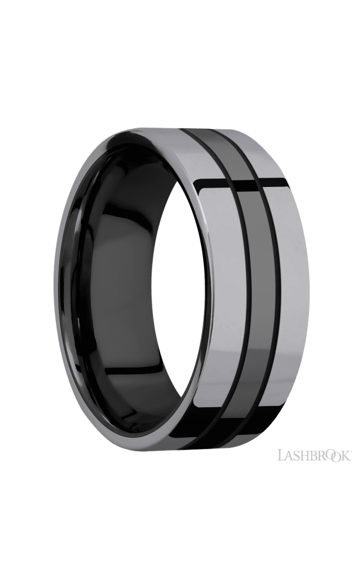8 mm wide/Flat/Zirconium band with two 3 mm Double Off Center Edge inlays of Tantalum. - Diamonds By Rothschild