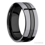 8 mm wide/Flat/Zirconium band with two 3 mm Double Off Center Edge inlays of Tantalum. - Diamonds By Rothschild