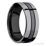 8 mm wide/Flat/Zirconium band with two 3 mm Double Off Center Edge inlays of Tantalum. - Diamonds By Rothschild