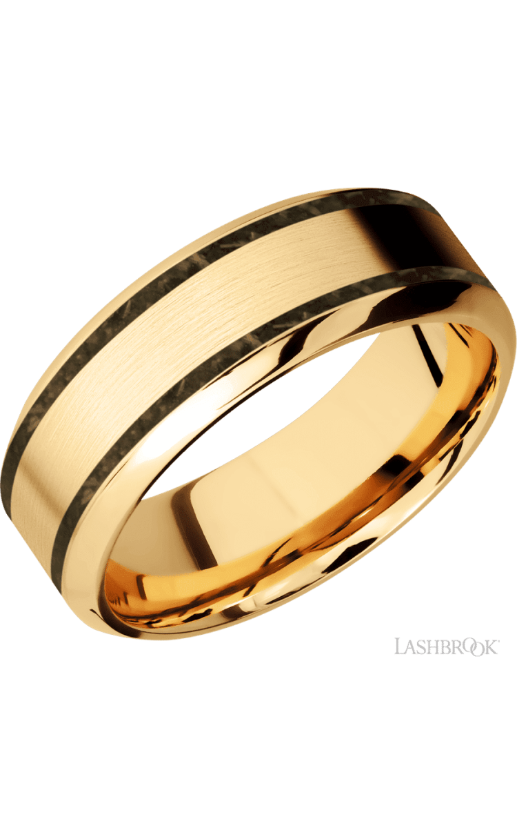 8 mm wide/High Bevel/14K Yellow Gold band with two 1 mm Wide inlays of Gold Tiger Eye. - Diamonds By Rothschild
