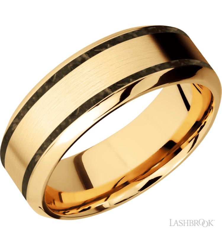 8 mm wide/High Bevel/14K Yellow Gold band with two 1 mm Wide inlays of Gold Tiger Eye. - Diamonds By Rothschild
