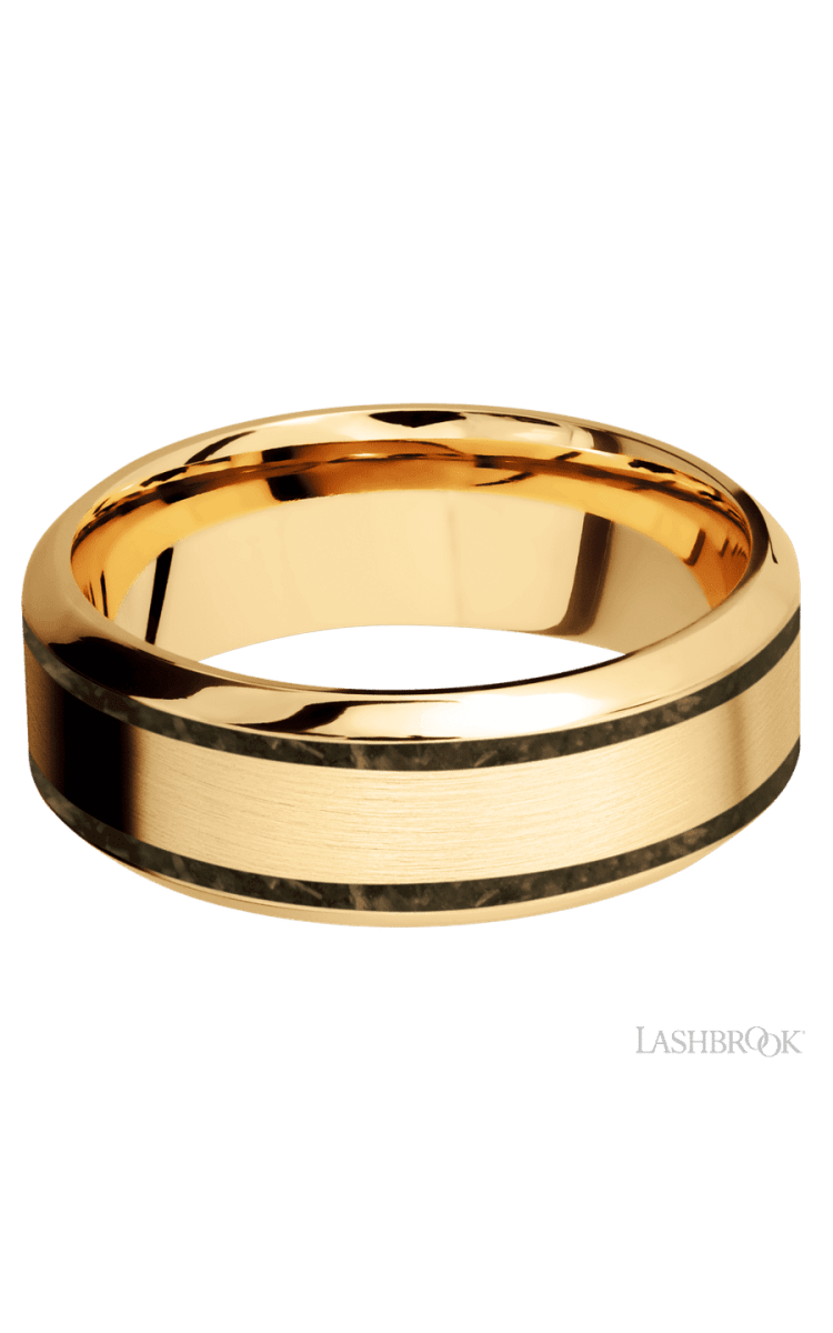 8 mm wide/High Bevel/14K Yellow Gold band with two 1 mm Wide inlays of Gold Tiger Eye. - Diamonds By Rothschild