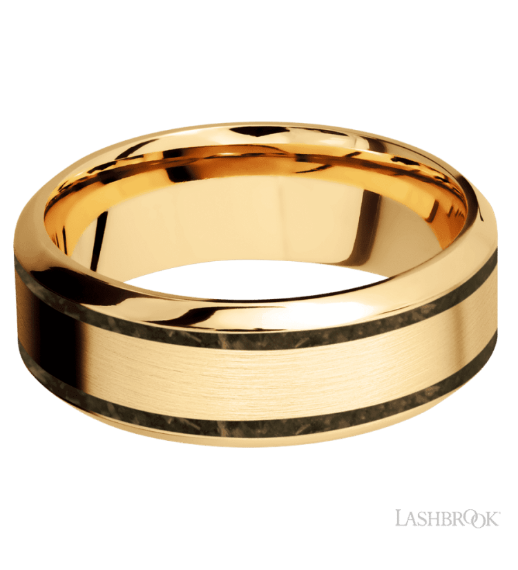 8 mm wide/High Bevel/14K Yellow Gold band with two 1 mm Wide inlays of Gold Tiger Eye. - Diamonds By Rothschild