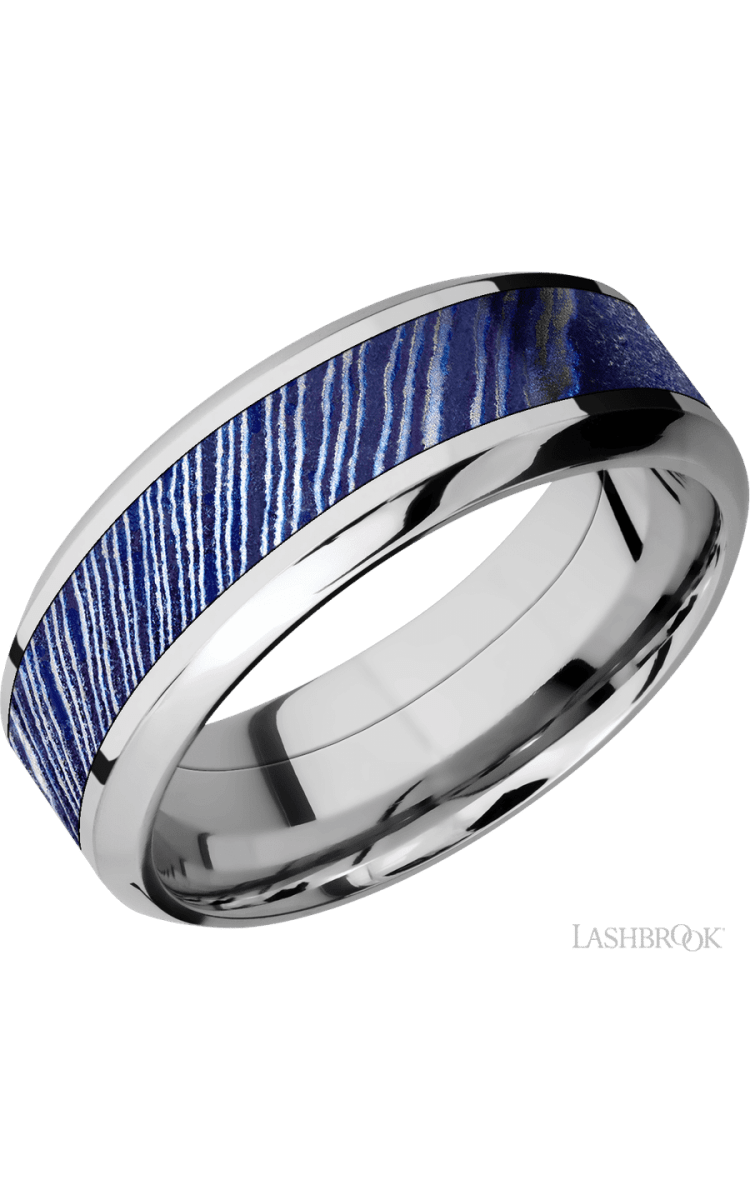 8 mm wide/High Bevel/Cobalt Chrome band with one 4 mm Centered inlay of Titanium Damascus. - Diamonds By Rothschild