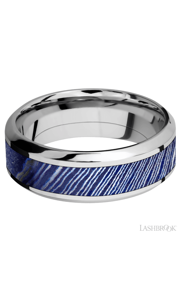 8 mm wide/High Bevel/Cobalt Chrome band with one 4 mm Centered inlay of Titanium Damascus. - Diamonds By Rothschild