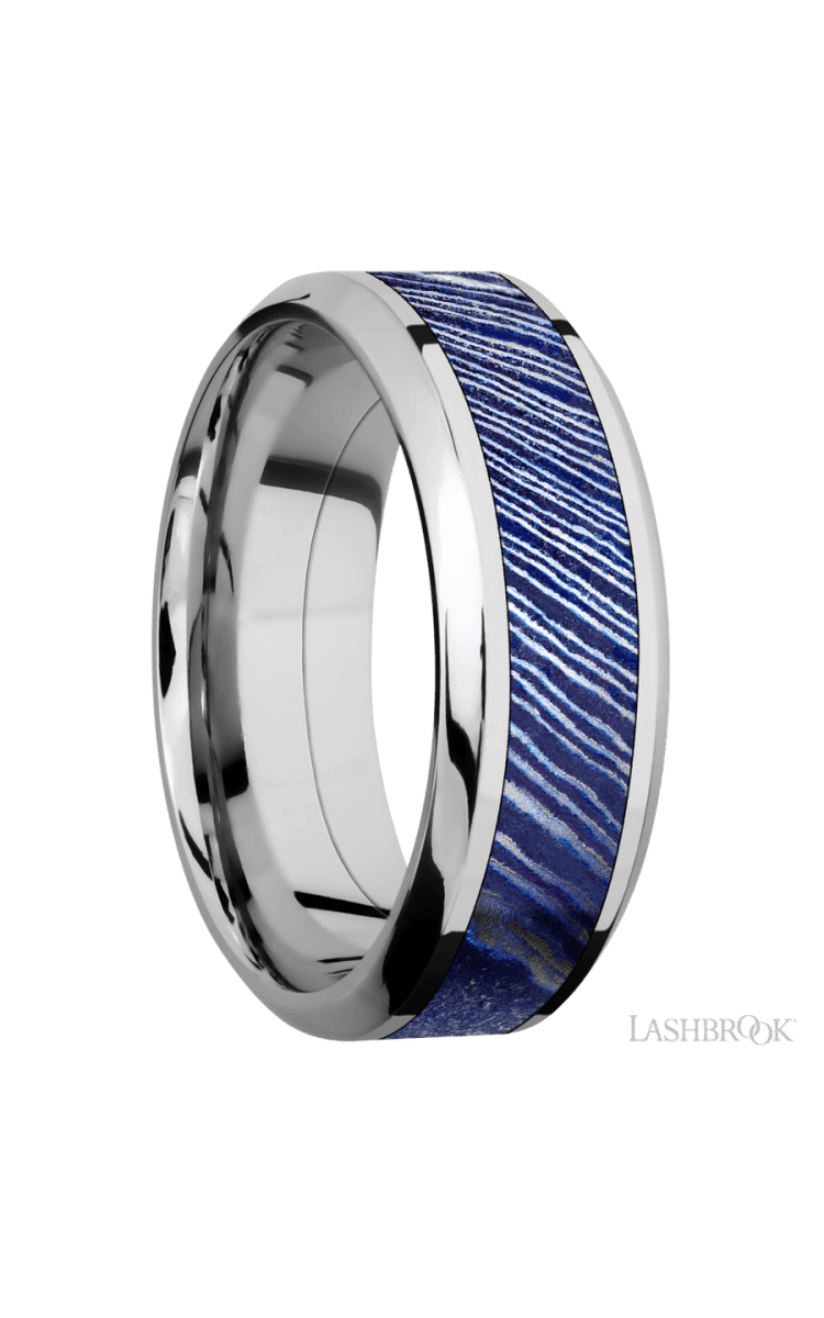 8 mm wide/High Bevel/Cobalt Chrome band with one 4 mm Centered inlay of Titanium Damascus. - Diamonds By Rothschild