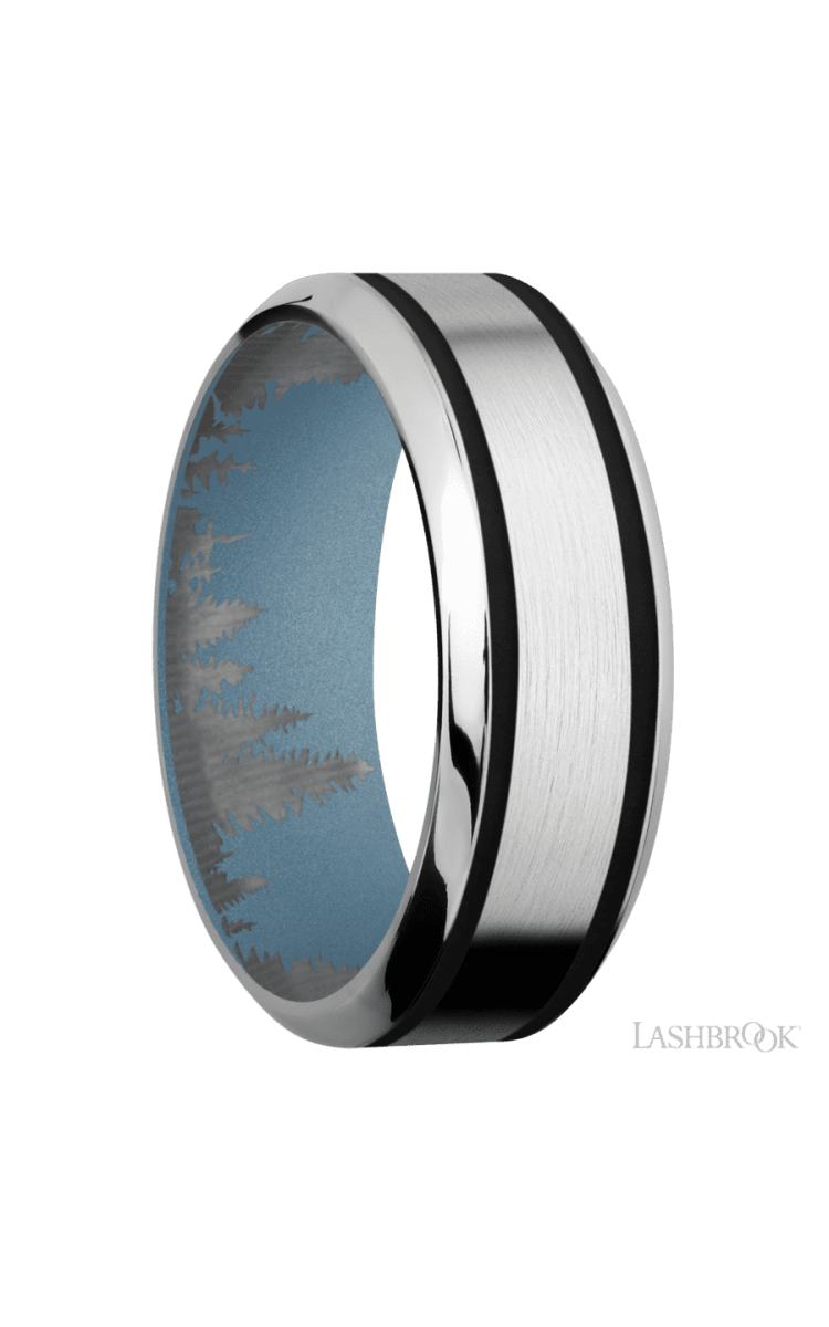 8 mm wide/High Bevel/Cobalt Chrome band with two 1 mm Wide inlays of Black also featuring a Polar Blue sleeve. - Diamonds By Rothschild