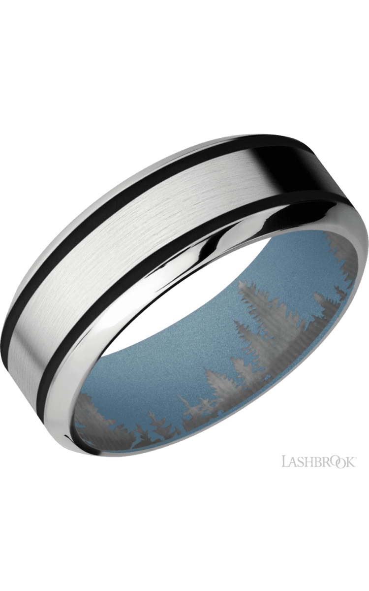 8 mm wide/High Bevel/Cobalt Chrome band with two 1 mm Wide inlays of Black also featuring a Polar Blue sleeve. - Diamonds By Rothschild