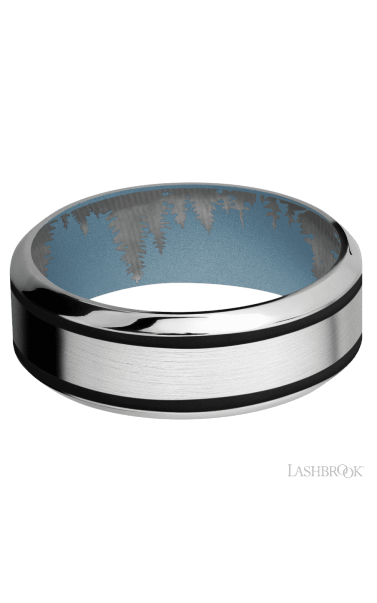 8 mm wide/High Bevel/Cobalt Chrome band with two 1 mm Wide inlays of Black also featuring a Polar Blue sleeve. - Diamonds By Rothschild