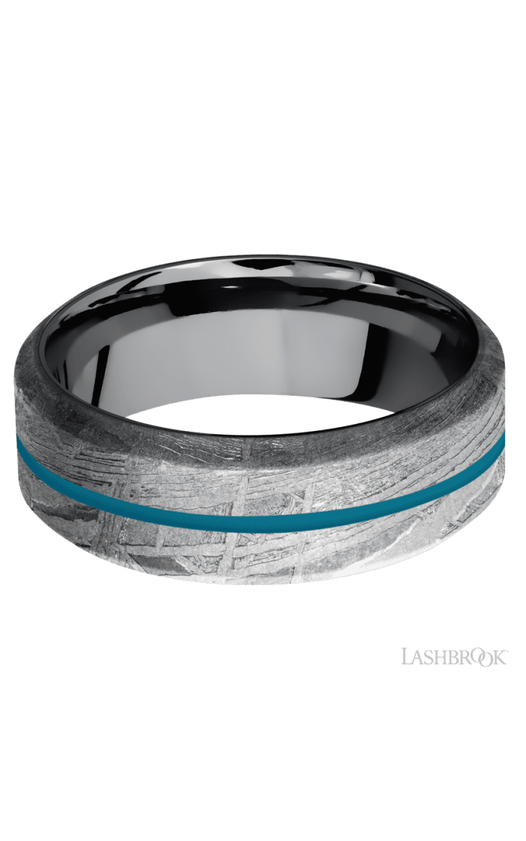 8 mm wide/High Bevel/Meteorite band with one 1 mm Centered inlay of Sea Blue also featuring a Tantalum sleeve. - Diamonds By Rothschild