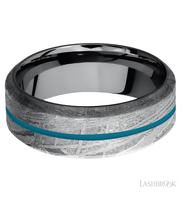 8 mm wide/High Bevel/Meteorite band with one 1 mm Centered inlay of Sea Blue also featuring a Tantalum sleeve. - Diamonds By Rothschild