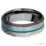 8 mm wide/High Bevel/Meteorite band with one 1 mm Centered inlay of Sea Blue also featuring a Tantalum sleeve. - Diamonds By Rothschild