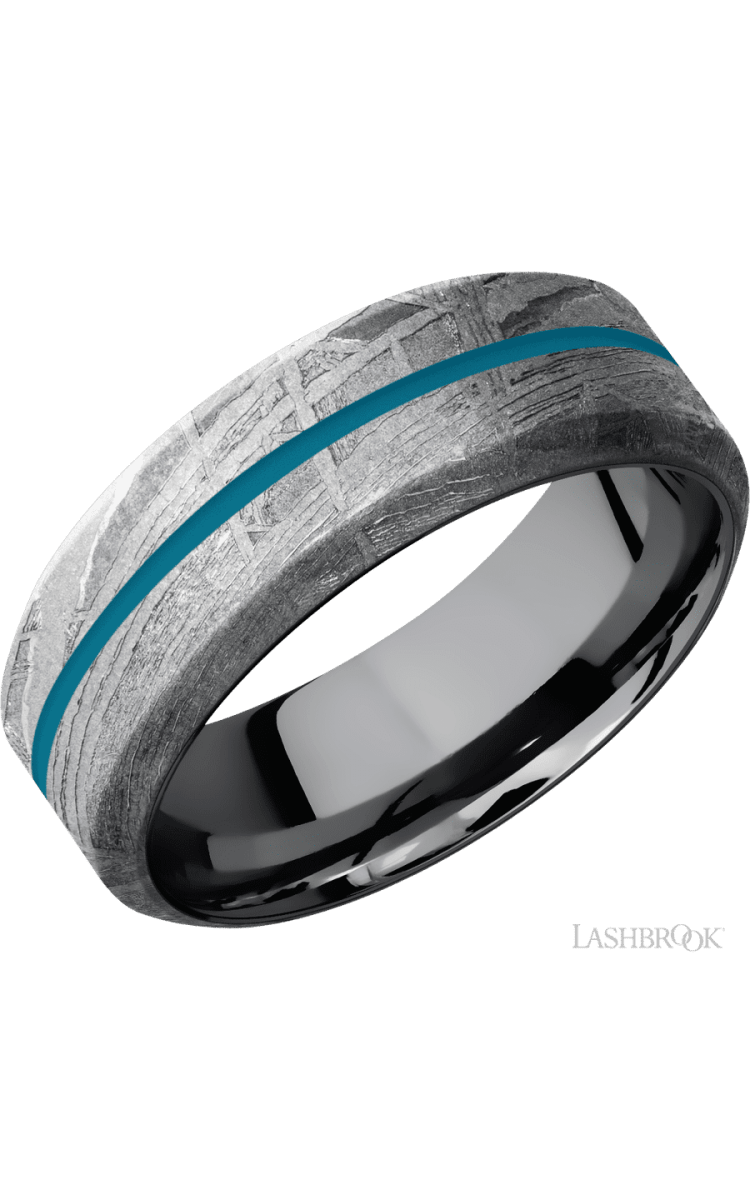 8 mm wide/High Bevel/Meteorite band with one 1 mm Centered inlay of Sea Blue also featuring a Tantalum sleeve. - Diamonds By Rothschild