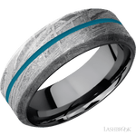 8 mm wide/High Bevel/Meteorite band with one 1 mm Centered inlay of Sea Blue also featuring a Tantalum sleeve. - Diamonds By Rothschild