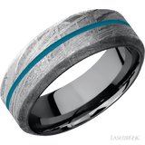 8 mm wide/High Bevel/Meteorite band with one 1 mm Centered inlay of Sea Blue also featuring a Tantalum sleeve. - Diamonds By Rothschild