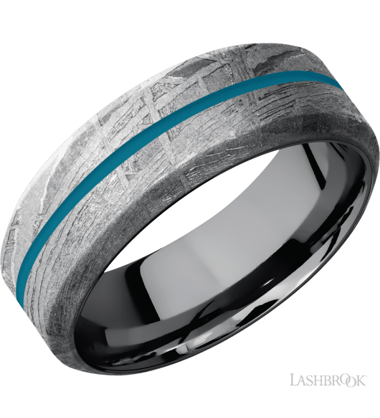 8 mm wide/High Bevel/Meteorite band with one 1 mm Centered inlay of Sea Blue also featuring a Tantalum sleeve. - Diamonds By Rothschild