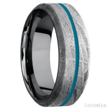 8 mm wide/High Bevel/Meteorite band with one 1 mm Centered inlay of Sea Blue also featuring a Tantalum sleeve. - Diamonds By Rothschild
