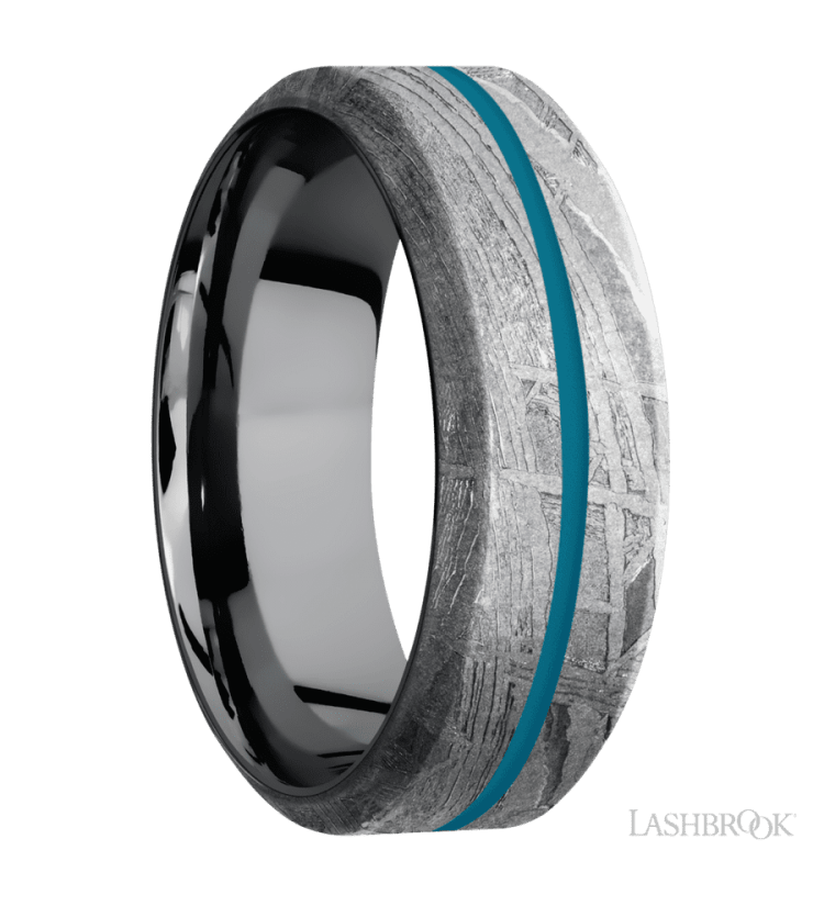 8 mm wide/High Bevel/Meteorite band with one 1 mm Centered inlay of Sea Blue also featuring a Tantalum sleeve. - Diamonds By Rothschild