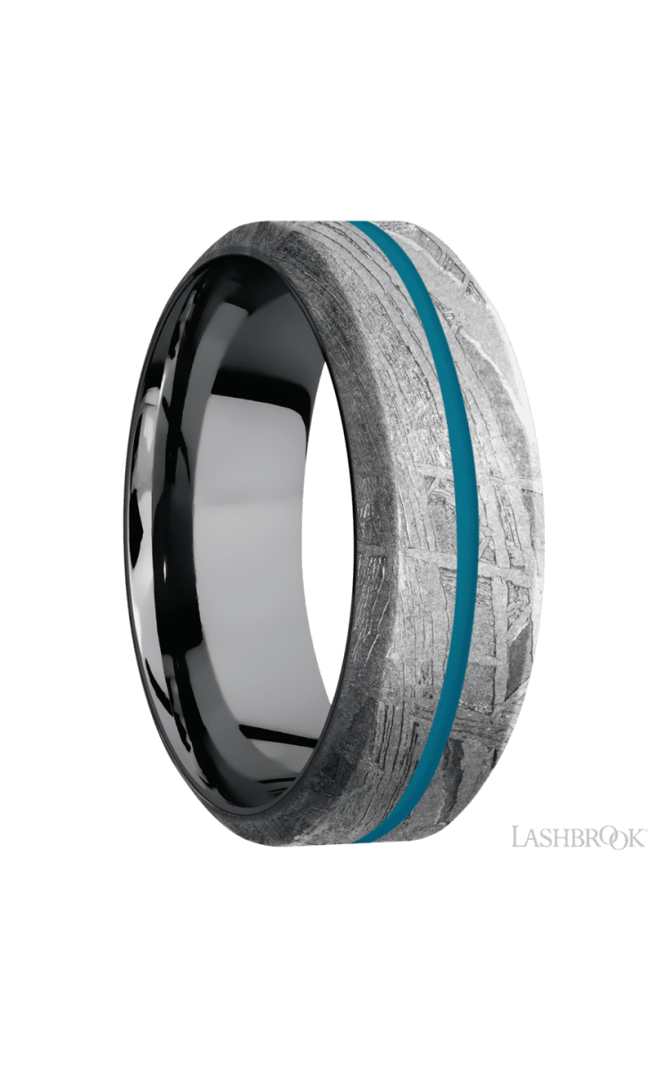 8 mm wide/High Bevel/Meteorite band with one 1 mm Centered inlay of Sea Blue also featuring a Tantalum sleeve. - Diamonds By Rothschild