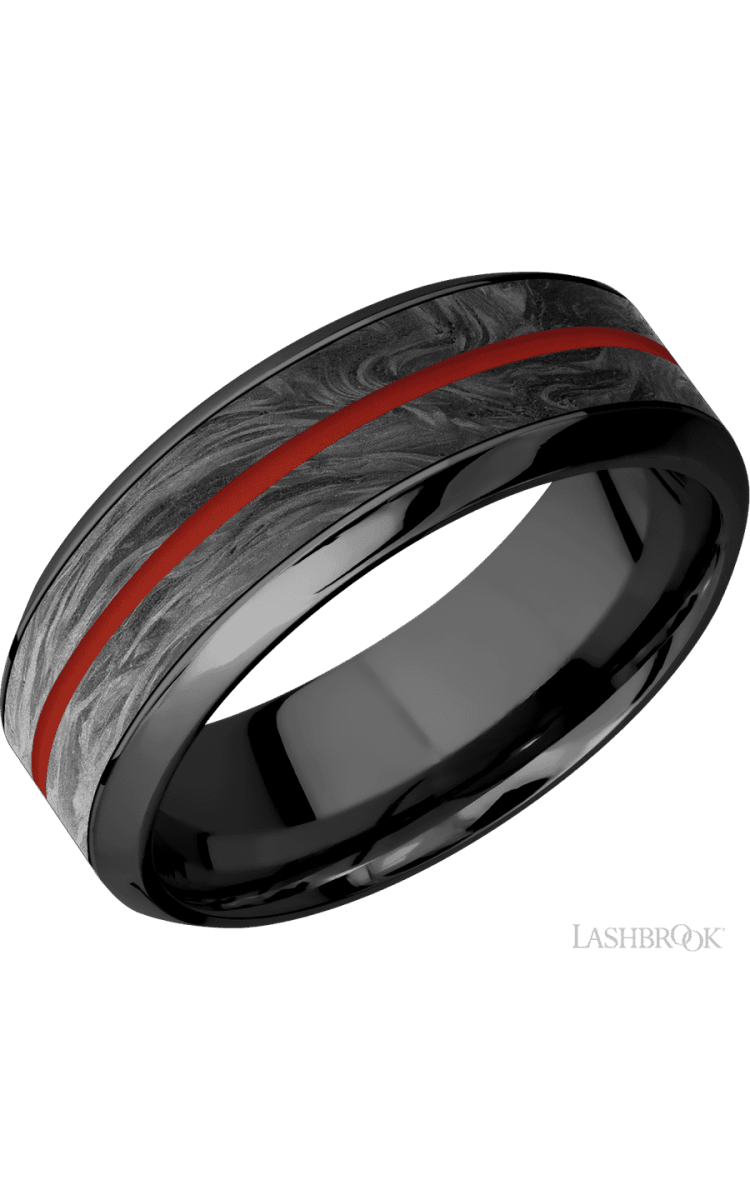 8 mm wide/High Bevel/Zirconium band featuring inlays of Forged Carbon Fiber and Red Apple. - Diamonds By Rothschild