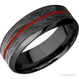 8 mm wide/High Bevel/Zirconium band featuring inlays of Forged Carbon Fiber and Red Apple. - Diamonds By Rothschild