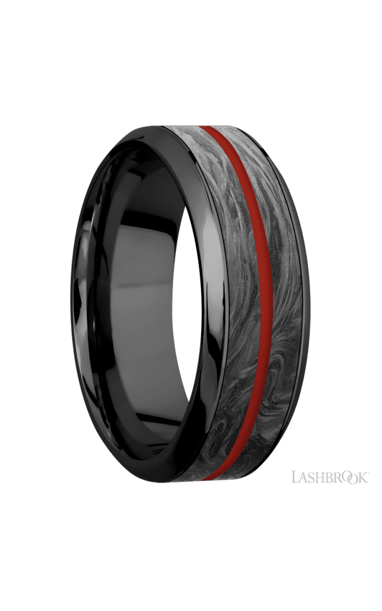 8 mm wide/High Bevel/Zirconium band featuring inlays of Forged Carbon Fiber and Red Apple. - Diamonds By Rothschild