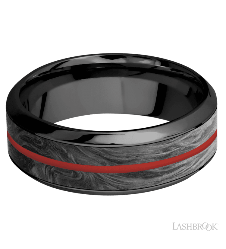 8 mm wide/High Bevel/Zirconium band featuring inlays of Forged Carbon Fiber and USMC Red. - Diamonds By Rothschild