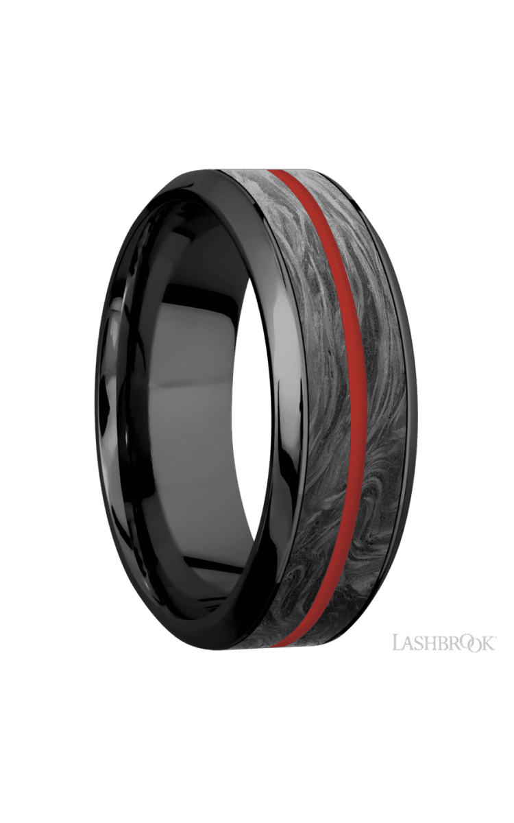 8 mm wide/High Bevel/Zirconium band featuring inlays of Forged Carbon Fiber and USMC Red. - Diamonds By Rothschild