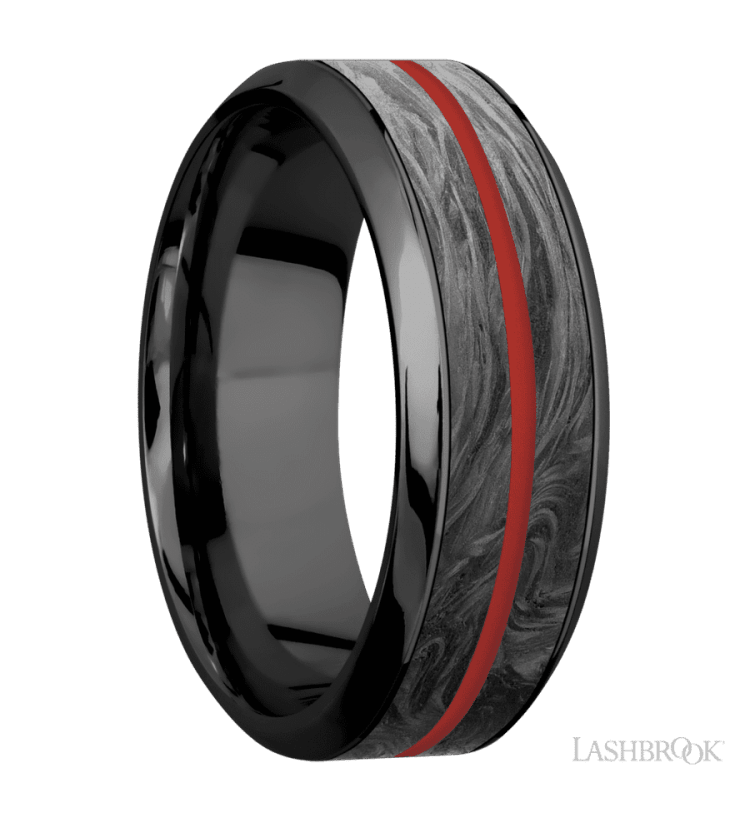 8 mm wide/High Bevel/Zirconium band featuring inlays of Forged Carbon Fiber and USMC Red. - Diamonds By Rothschild
