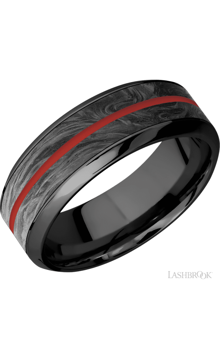 8 mm wide/High Bevel/Zirconium band featuring inlays of Forged Carbon Fiber and USMC Red. - Diamonds By Rothschild