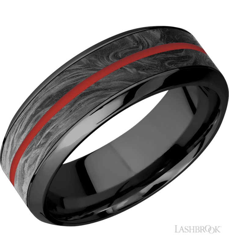 8 mm wide/High Bevel/Zirconium band featuring inlays of Forged Carbon Fiber and USMC Red. - Diamonds By Rothschild
