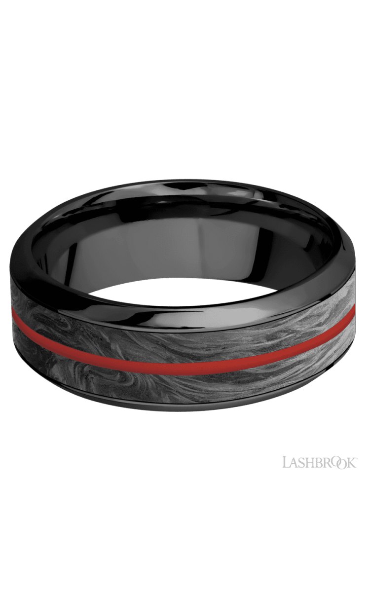 8 mm wide/High Bevel/Zirconium band featuring inlays of Forged Carbon Fiber and USMC Red. - Diamonds By Rothschild