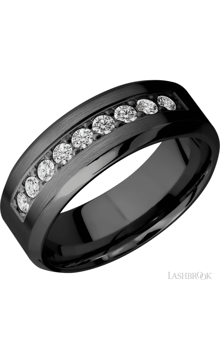 8 mm wide/High Bevel/Zirconium band with an arrangement of 9, .05 carat Round Diamond stones in a Bead setting. - Diamonds By Rothschild