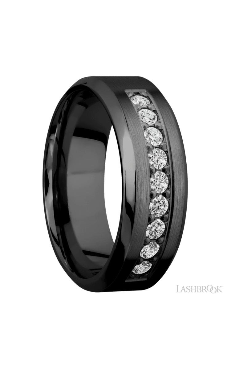 8 mm wide/High Bevel/Zirconium band with an arrangement of 9, .05 carat Round Diamond stones in a Bead setting. - Diamonds By Rothschild