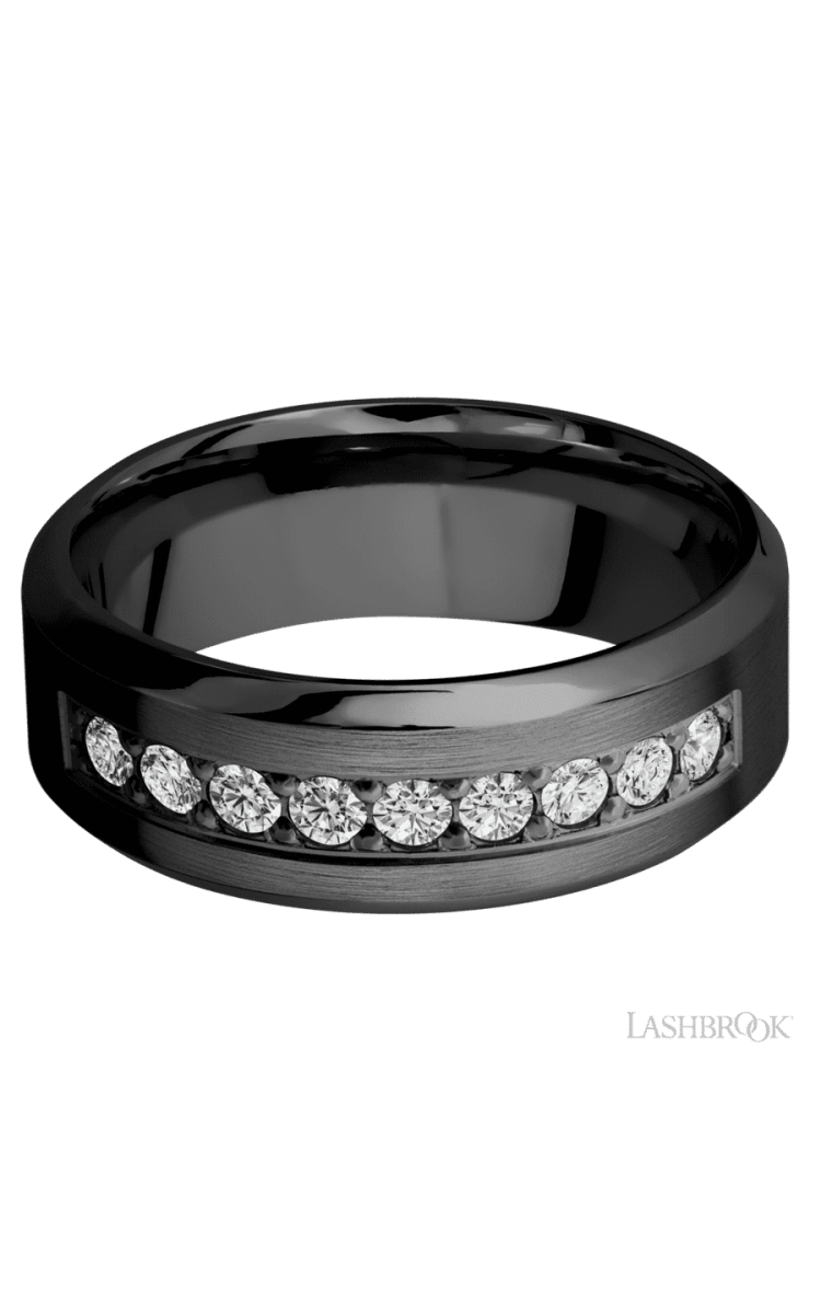 8 mm wide/High Bevel/Zirconium band with an arrangement of 9, .05 carat Round Diamond stones in a Bead setting. - Diamonds By Rothschild