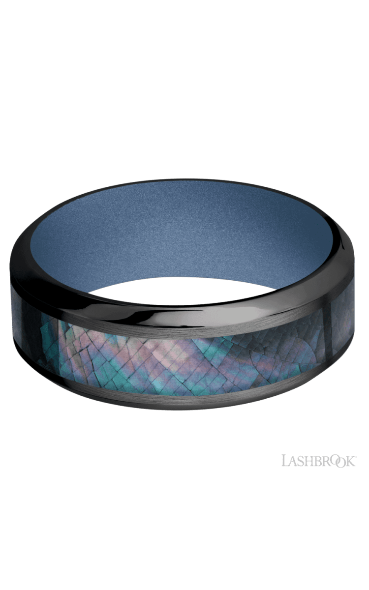 8 mm wide/High Bevel/Zirconium band with one 4 mm Centered inlay of Black Mother of Pearl also featuring a Crushed Orchid sleeve. - Diamonds By Rothschild