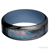 8 mm wide/High Bevel/Zirconium band with one 4 mm Centered inlay of Black Mother of Pearl also featuring a Crushed Orchid sleeve. - Diamonds By Rothschild