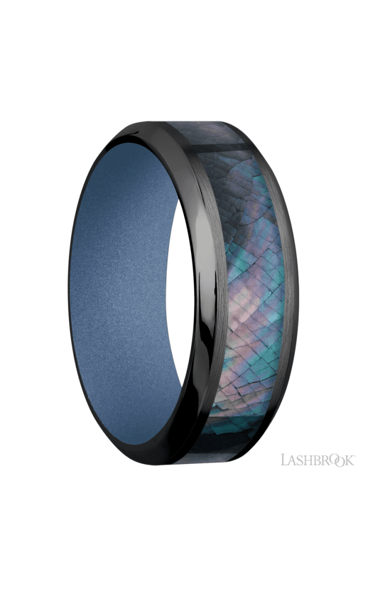 8 mm wide/High Bevel/Zirconium band with one 4 mm Centered inlay of Black Mother of Pearl also featuring a Crushed Orchid sleeve. - Diamonds By Rothschild