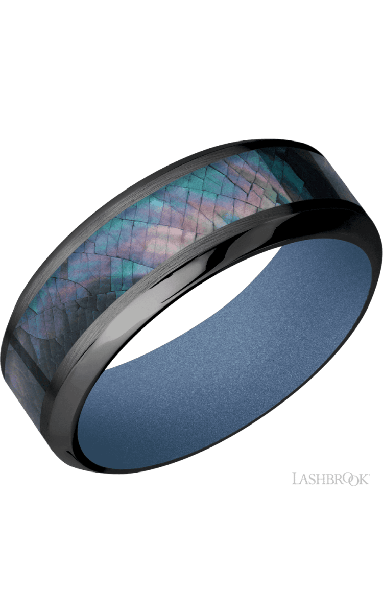 8 mm wide/High Bevel/Zirconium band with one 4 mm Centered inlay of Black Mother of Pearl also featuring a Crushed Orchid sleeve. - Diamonds By Rothschild