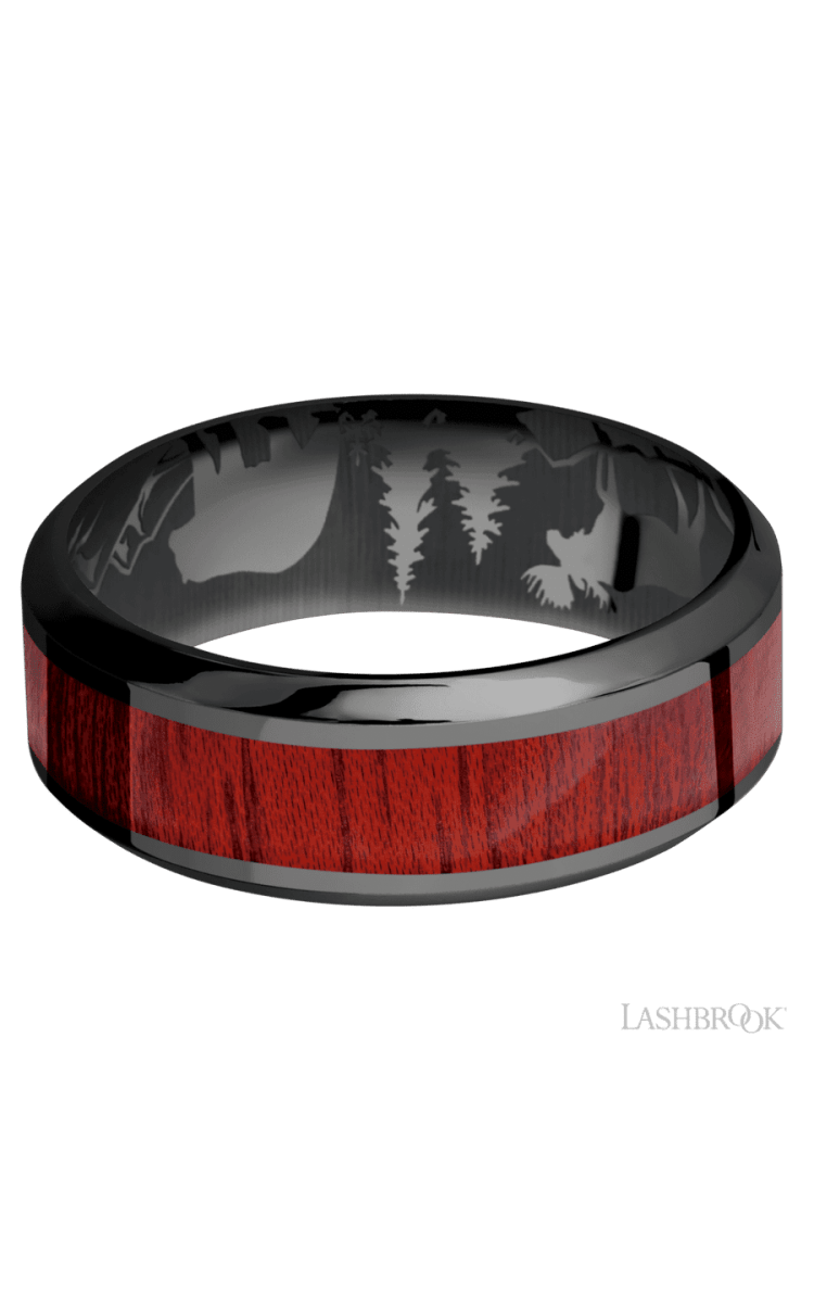 8 mm wide/High Bevel/Zirconium band with one 4 mm Centered inlay of Blood Wood. - Diamonds By Rothschild