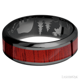8 mm wide/High Bevel/Zirconium band with one 4 mm Centered inlay of Blood Wood. - Diamonds By Rothschild