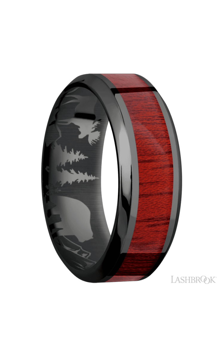 8 mm wide/High Bevel/Zirconium band with one 4 mm Centered inlay of Blood Wood. - Diamonds By Rothschild