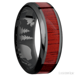 8 mm wide/High Bevel/Zirconium band with one 4 mm Centered inlay of Blood Wood. - Diamonds By Rothschild