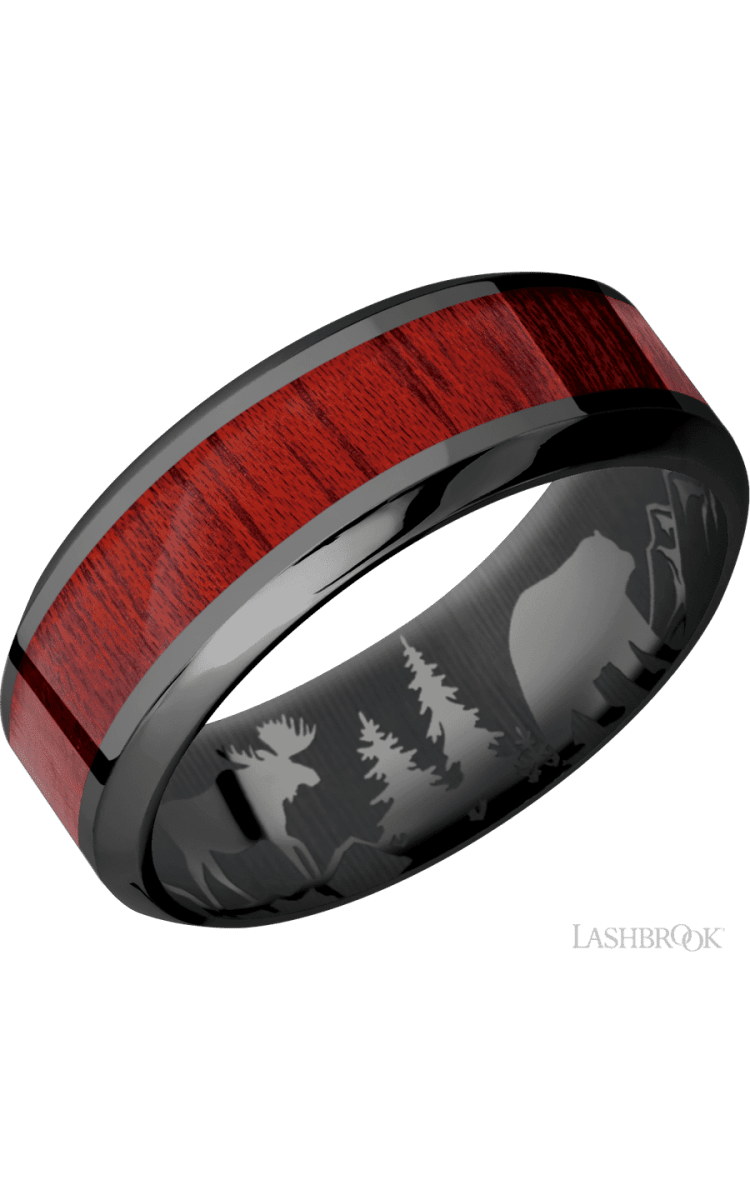 8 mm wide/High Bevel/Zirconium band with one 4 mm Centered inlay of Blood Wood. - Diamonds By Rothschild