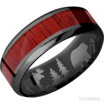 8 mm wide/High Bevel/Zirconium band with one 4 mm Centered inlay of Blood Wood. - Diamonds By Rothschild